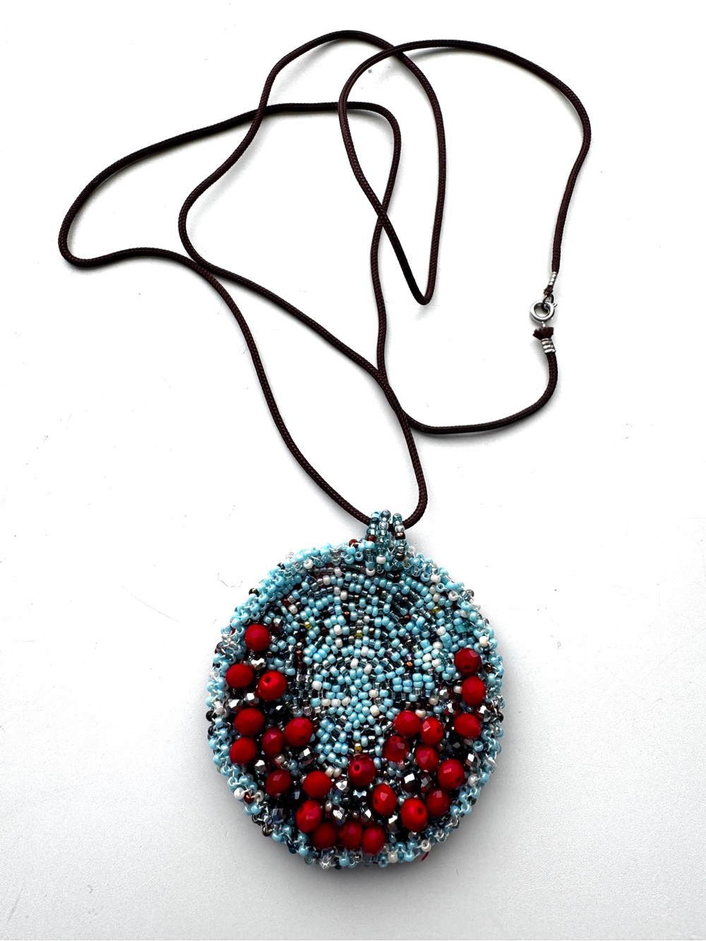 Handcrafted Turquoise & Red Beaded Pendant Necklace with Cord‎ Necklace